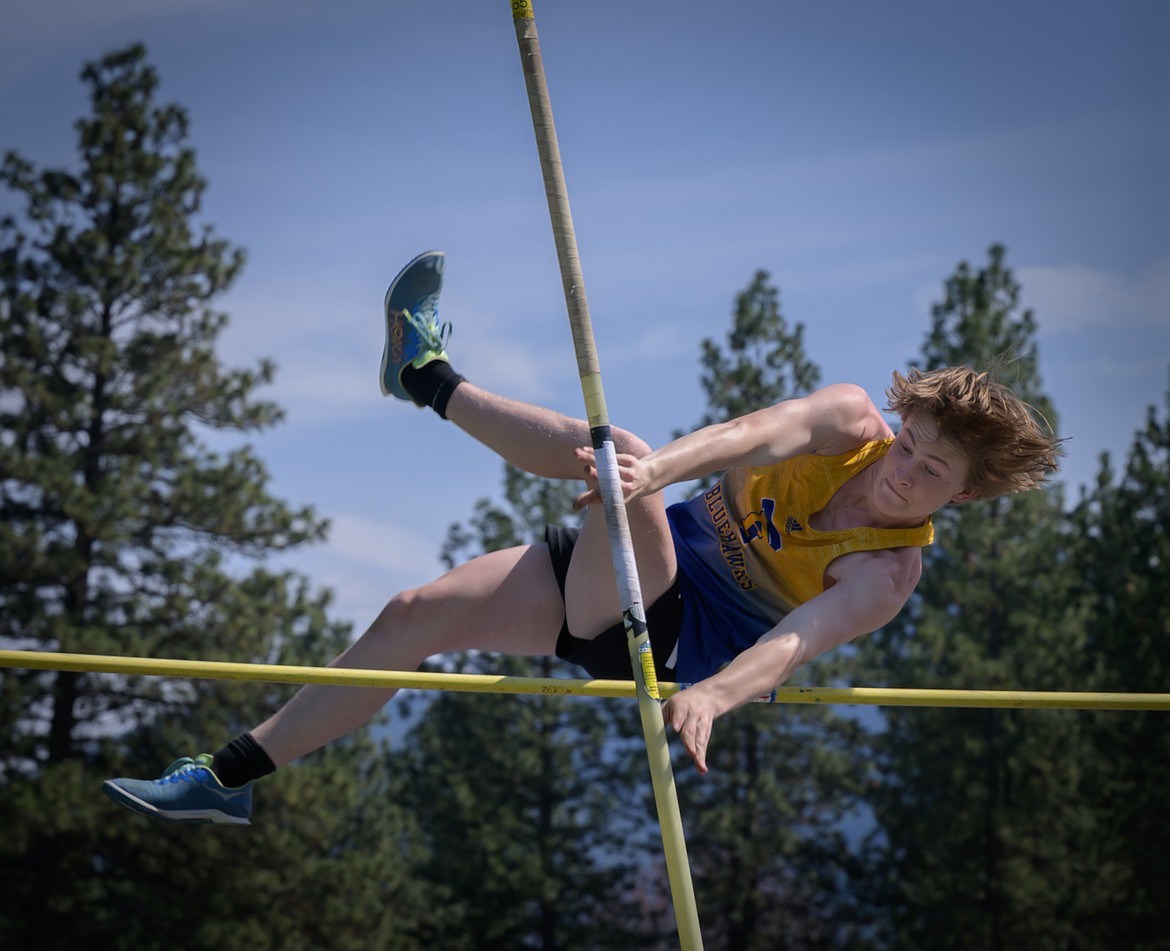 Thompson Falls pole vaulter clears the bar at 9-0 during the Thompson Falls Invitational this past week in T Falls. (Tracy Scott, Valley Press)