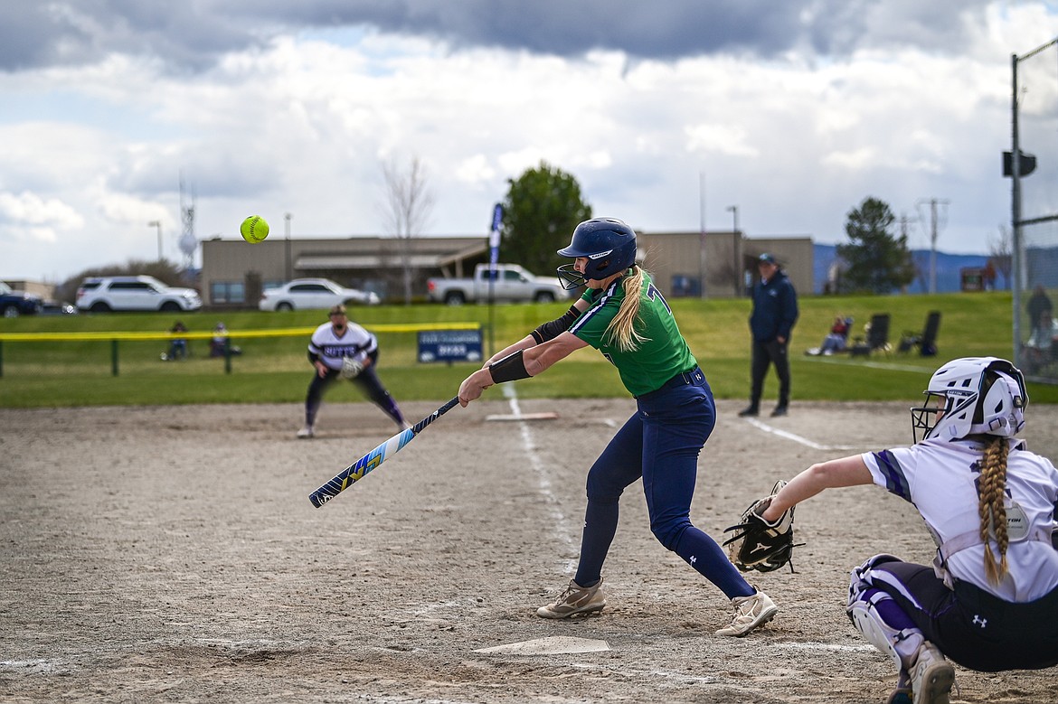 Glacier's Cazz Rankosky (7) connects on a triple against Butte at Glacier High School on Tuesday, April 22. (Casey Kreider/Daily Inter Lake)