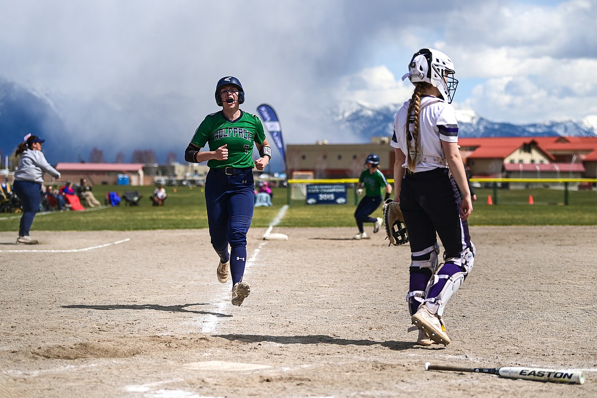 Glacier's Cazz Rankosky (7) cheers as she scores on a two-run double by Olivia Gibbons in the fifth inning against Butte at Glacier High School on Tuesday, April 22. (Casey Kreider/Daily Inter Lake)