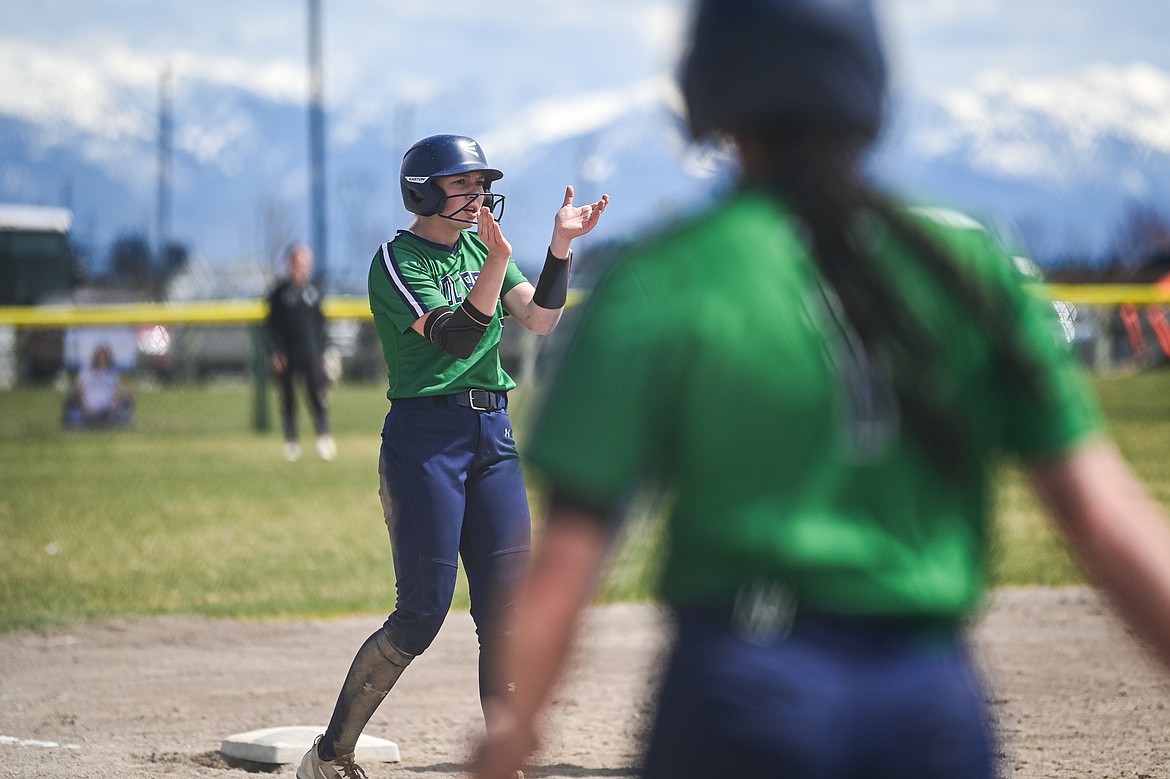 Glacier's Cazz Rankosky (7) cheers on her teammates after hitting a triple against Butte at Glacier High School on Tuesday, April 22. (Casey Kreider/Daily Inter Lake)
