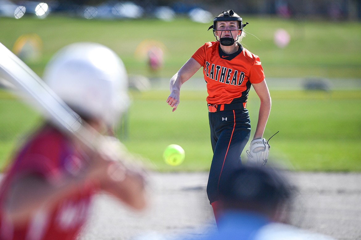 Flathead starting pitcher Macey McIlhargey (3) delivers against Columbia Falls at Kidsports Complex on Thursday, April 24. (Casey Kreider/Daily Inter Lake)