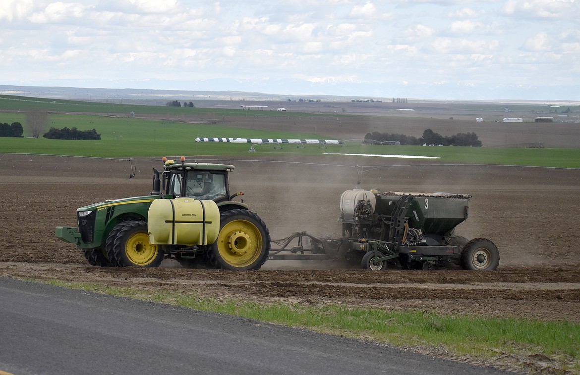 A worker drives a tractor at Schneider Farms. Farming equipment is almost entirely controlled by GPS today, co-owner Grant Morris said, much more than when he got into the business 20 years ago.