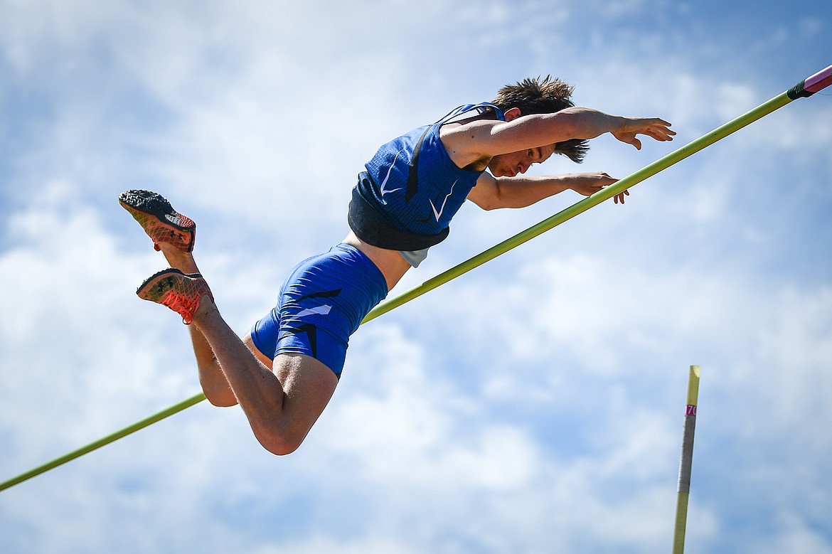 Columbia Falls' Oliver Kress clears 13' in the boys' pole vault at the Whitefish ARM Invitational on Saturday, April 26. (Casey Kreider/Daily Inter Lake)