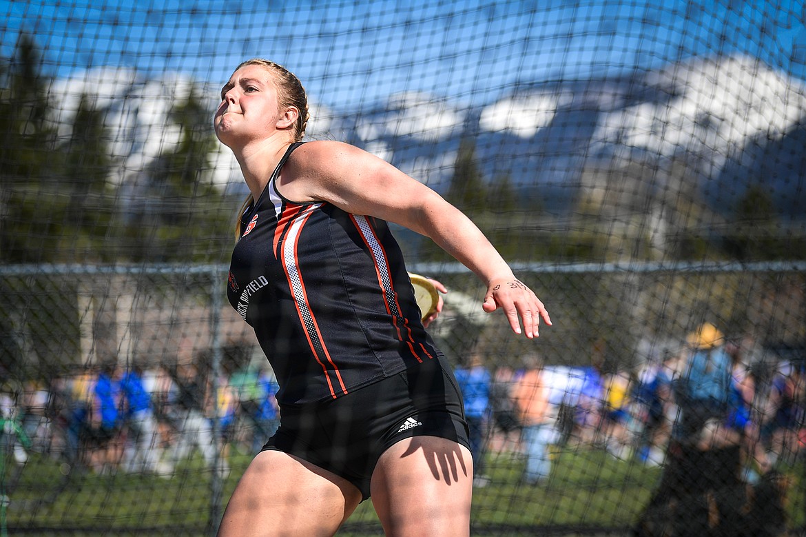 Plains' Alexis Deming throws in the girls' discus at the Whitefish ARM Invitational on Saturday, April 26. (Casey Kreider/Daily Inter Lake)