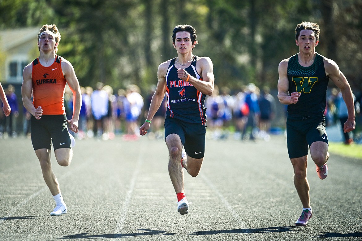 Plains' Luciano Ferranti wins the boys' 100 meter dash at the Whitefish ARM Invitational on Saturday, April 26. (Casey Kreider/Daily Inter Lake)