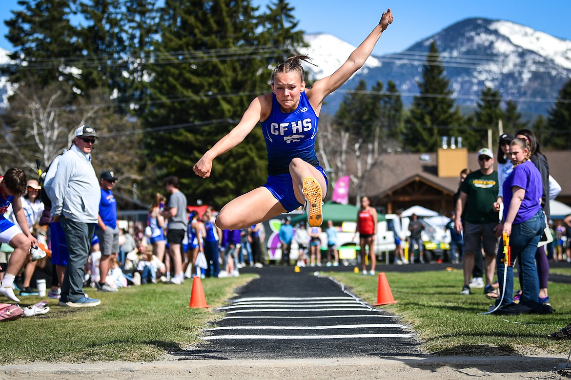 Columbia Falls' Soli Bullemer competes in the girls' triple jump at the Whitefish ARM Invitational on Saturday, April 26. (Casey Kreider/Daily Inter Lake)