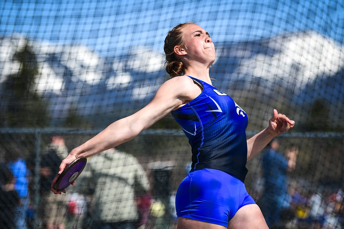 Columbia Falls' Olivia Hook releases a throw in the girls' discus at the Whitefish ARM Invitational on Saturday, April 26. (Casey Kreider/Daily Inter Lake)