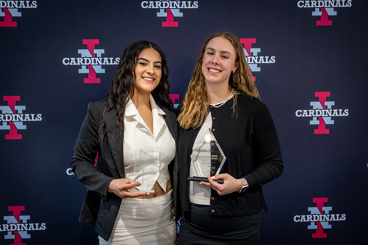 Courtesy photo
NIC women’s basketball players Esmeralda Galindo, left, and Larkin Christiansen pose with awards they received at the North Idaho College Athletics 2024-25 Award Banquet on Monday, April 21 in the Student Union Building Dining Hall at NIC’s Coeur d’Alene campus.