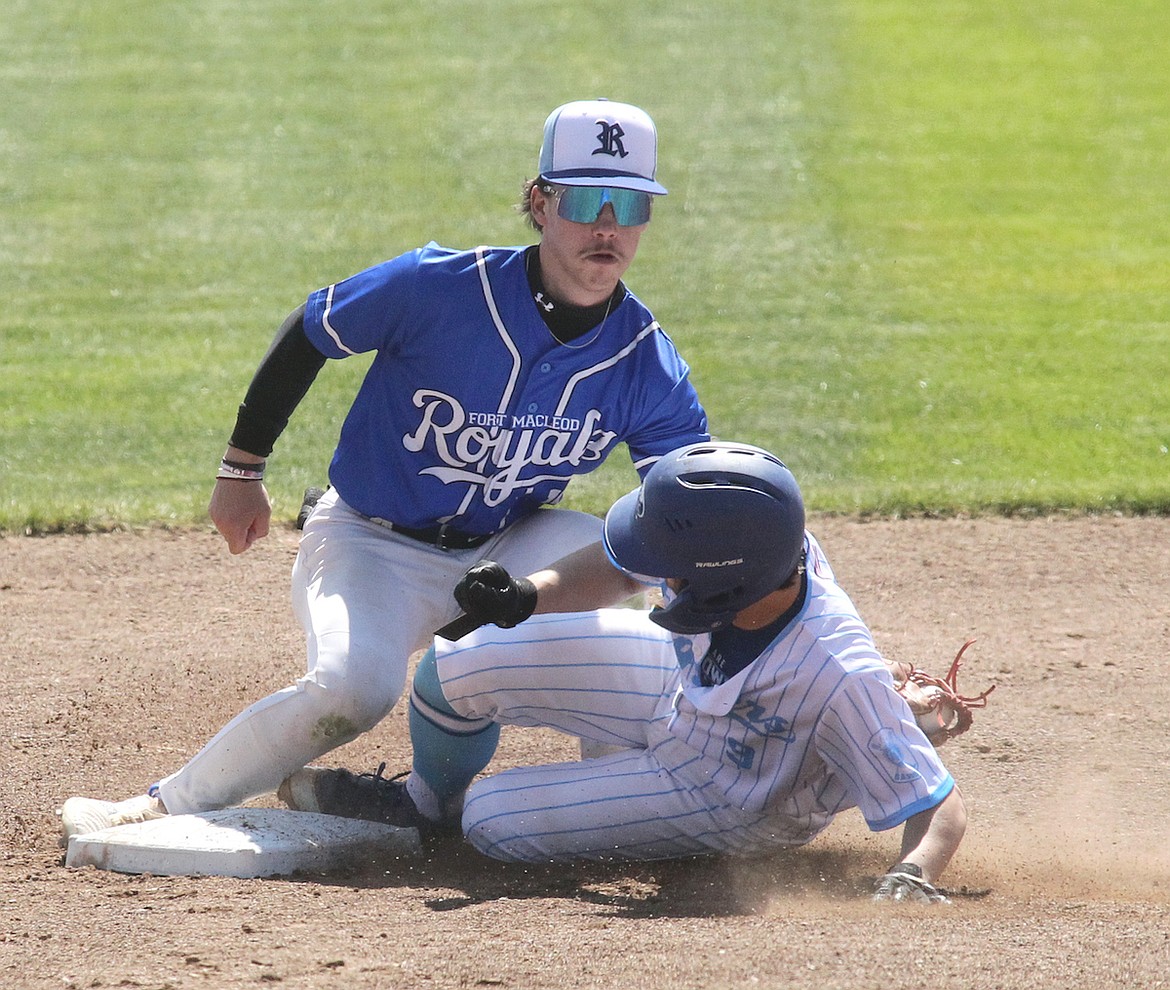 Libby Loggers Brody Gilmore steals second base in the bottom of the first inning with two outs against Fort Macleod Saturday, April 26, 2025, at Lee Gehring Field. (Paul Sievers/The Western News)