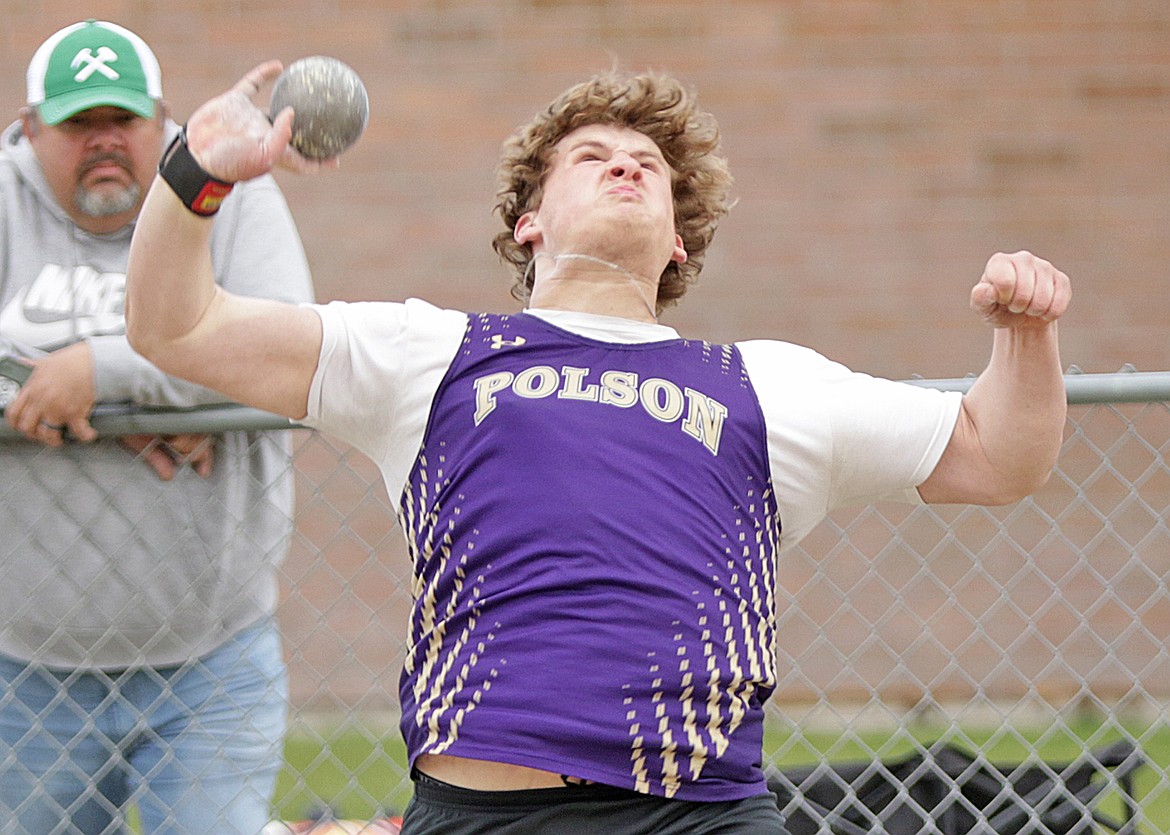 Polson's Astin Brown launches the shot put at the Top Ten meet. (Bob Gunderson photo)