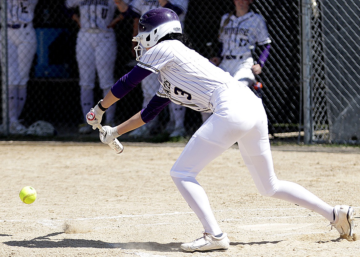Polson senior Sierra Perez bunts in a game against Corvallis. (Bob Gunderson photo)