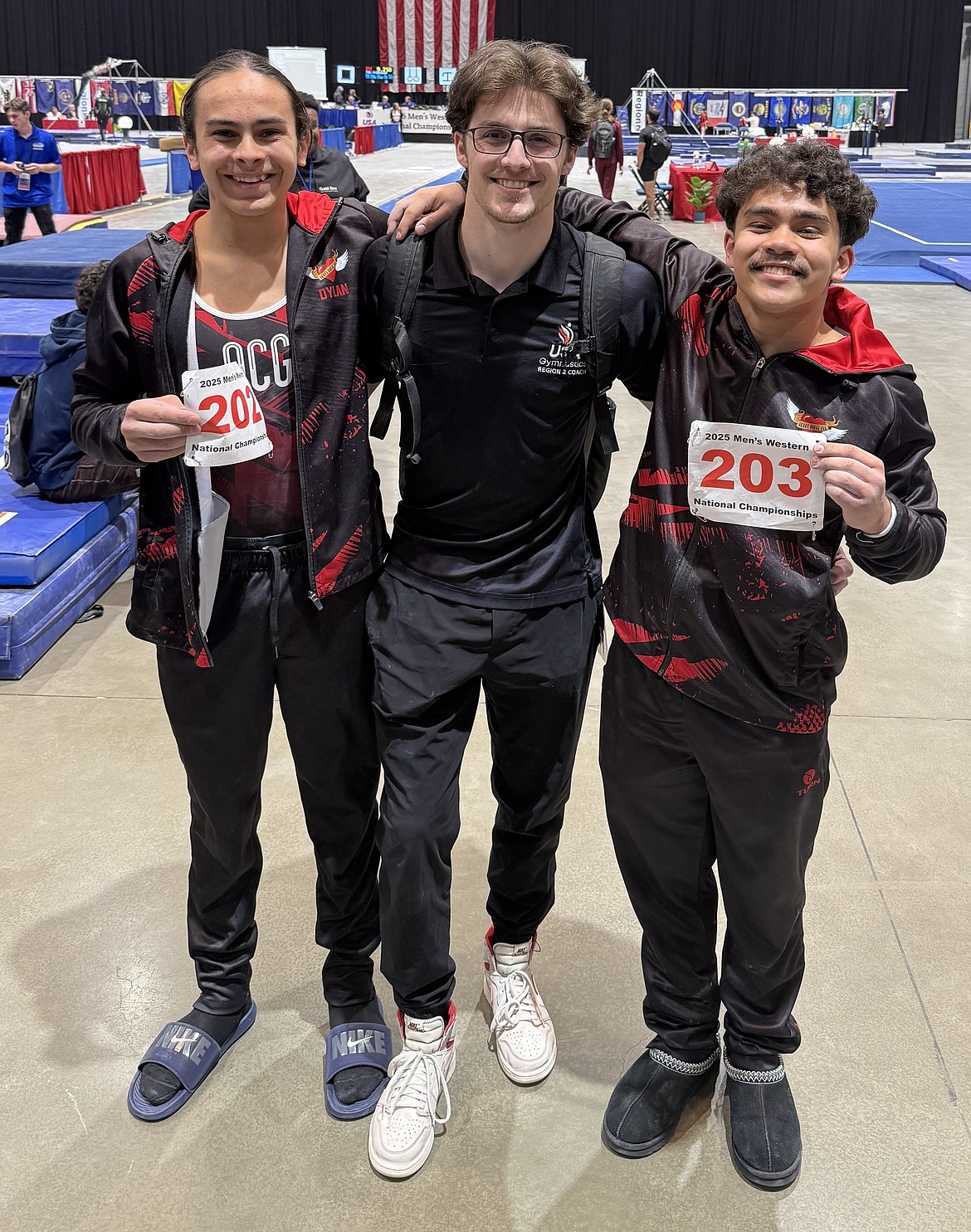 Courtesy photo
Avant Coeur Level 9s competed at Western Nationals in Reno, Nev., competing against all qualifying Level 9s on the Western side of the United States. 
From left are Dylan Abrahamson-Fernadez, coach Matt Auerbach and Nait Phothivongsa. Dylan placed third on the high bar.