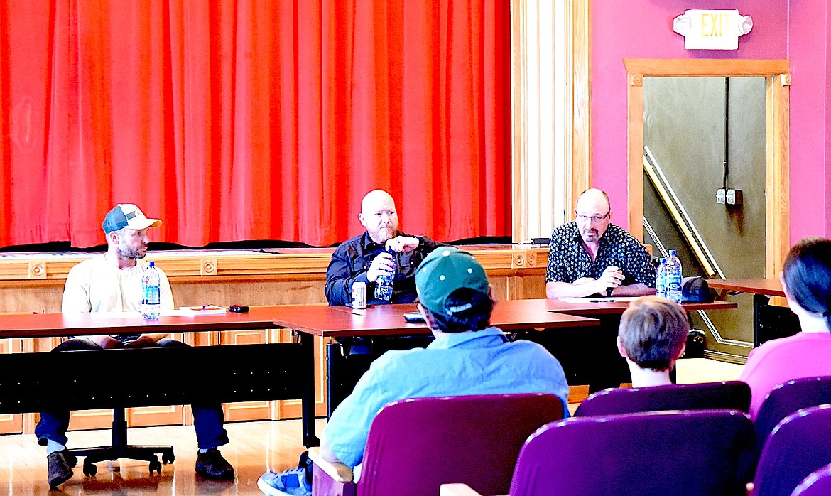 Libby Public School Trustee candidates, from left, Cody Katzer Sr., Walter Snyder and Tony Rebo Sr., answer questions during a forum Wednesday, April 30, 2025, at the Maki Theater in Libby. (Scott Shindledecker/The Western News)