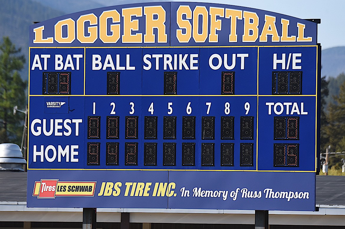 The new scoreboard at Libby High School's new softball field tells the tale of the Loggers first game, and win, over Whitefish Thursday, May 1, 2025. (Scott Shindledecker/The Western News)