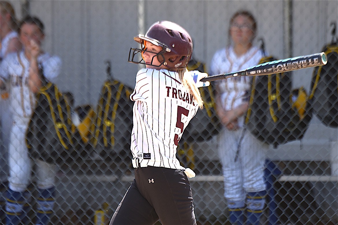 Troy's Addison Fisher collects a hit against Thompson Falls Saturday, May 3, 2025. (Scott Shindledecker/The Western News)