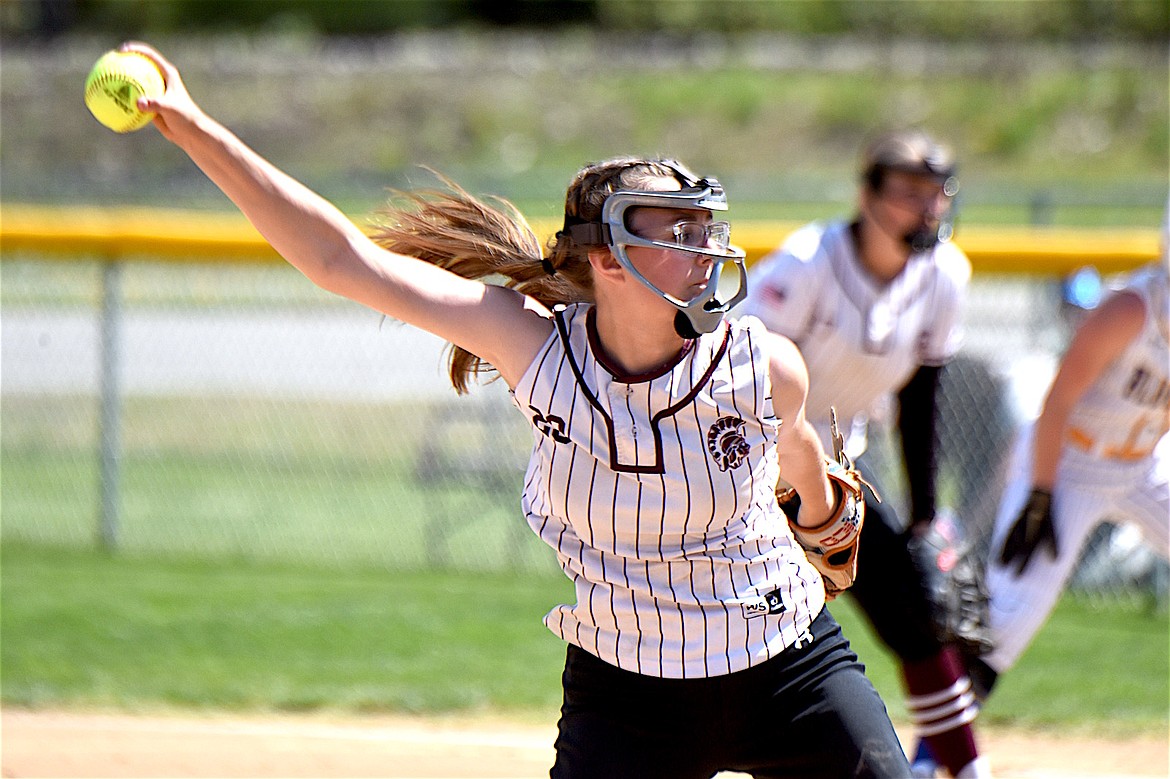 Troy's Halle Wallace delivers against Thompson Falls Saturday, May 3, 2025. (Scott Shindledecker/The Western News)