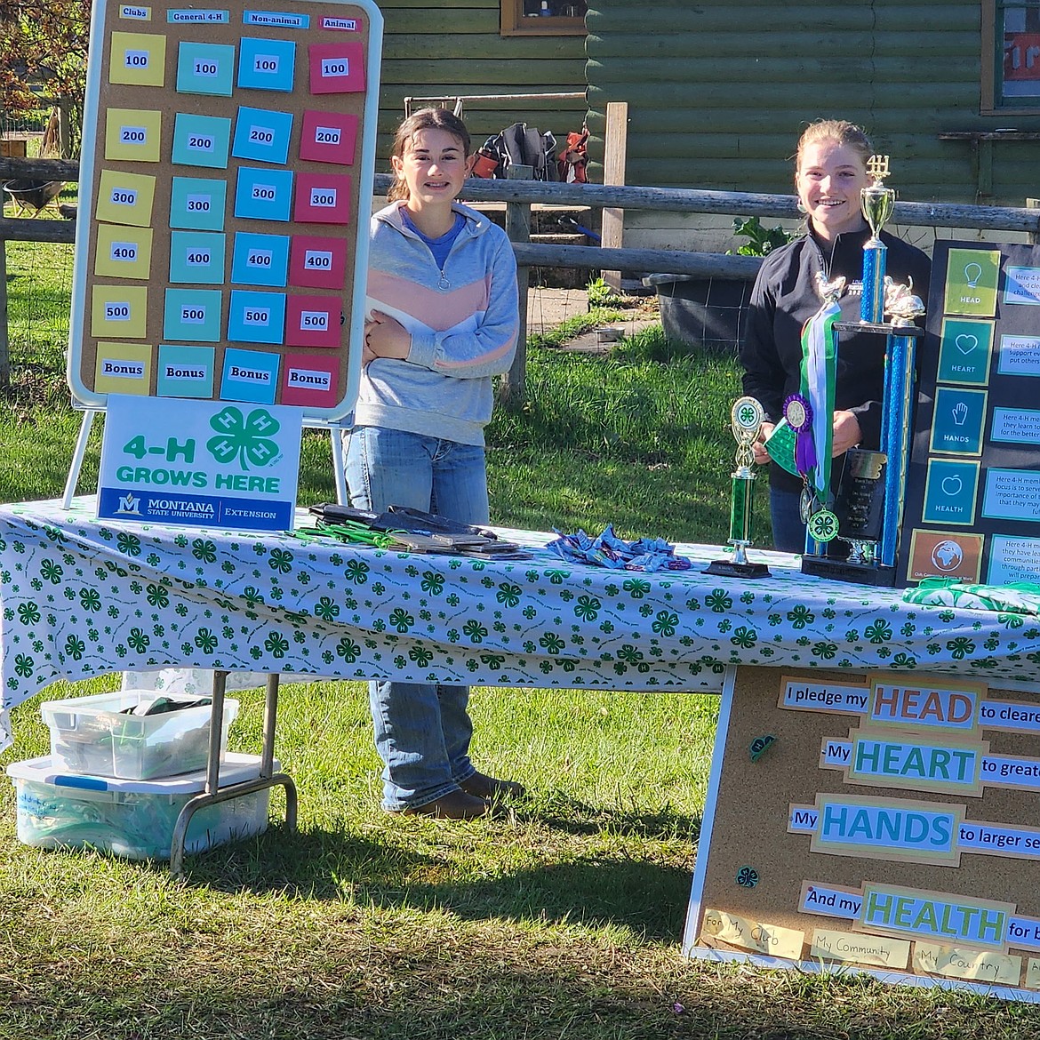 Two earnest 4-H members staff the 4-H booth during Fourth Grade Ag Days, held last week at Buddy Cheff's ranch. An estimated 350 kids attend the annual event, designed to help youngsters learn where their food comes from. (Berl Tiskus/Leader)