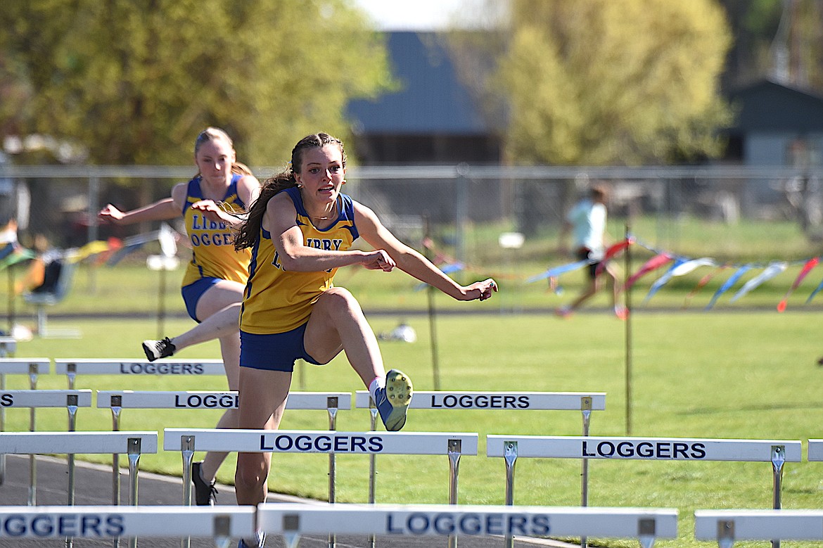 Libby's Bergen Fortner clears a hurdle during the Lincoln County Track and Field Meet Thursday, May 1, 2025. (Scott Shindledecker/The Western News)