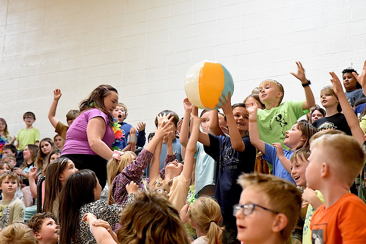 Beach balls were part of the fun Friday, May 9, 2025, at Libby Elementary School Spirit Assembly. (Scott Shindledecker/The Western News)