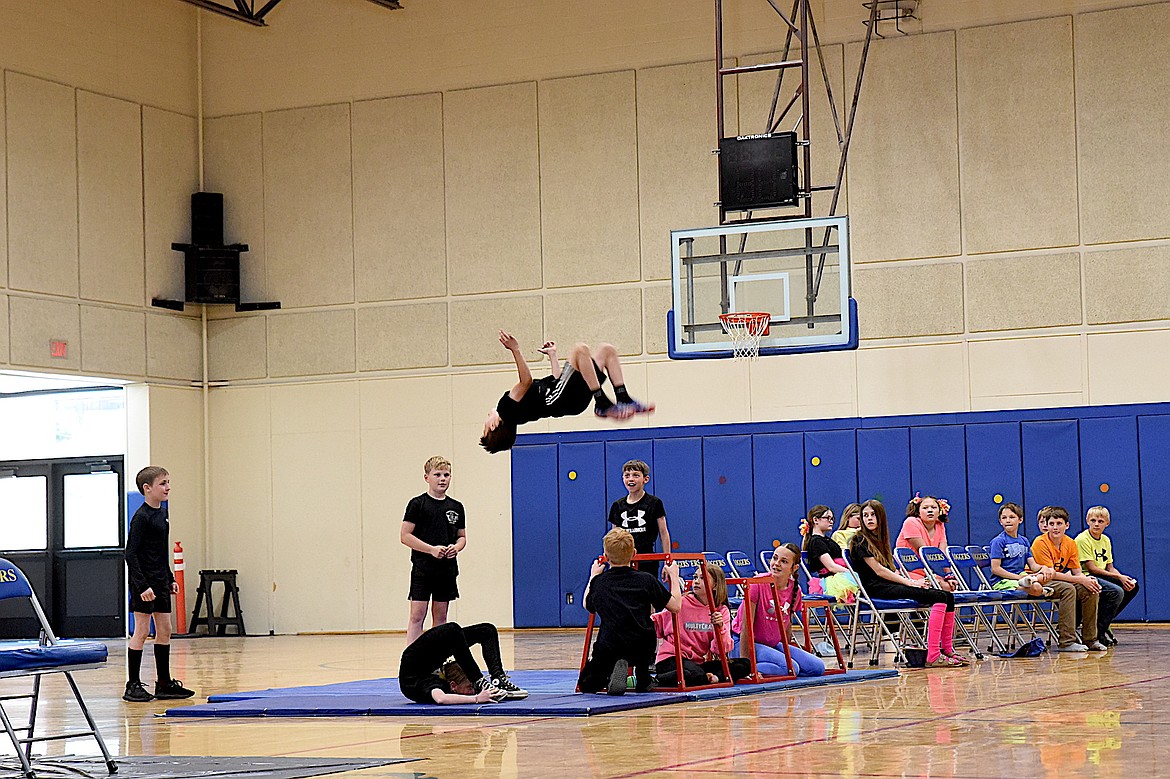 Libby Elementary School students showed off their gymnastic skills Friday, May 9, 2025, during the Spirit Assembly. (Scott Shindledecker/The Western News)