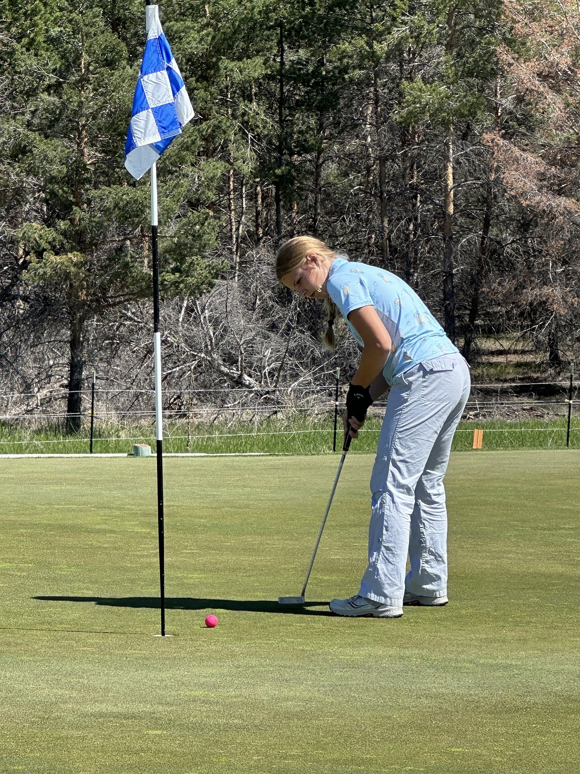 Thompson Falls golfer Solveig Nygaard watches a short put roll toward the cup during the Class B Divisional golf tourney this past week in Eureka. Solveig qualified for this week's State championships in Shelby. (Photo by Doree Thilmony)