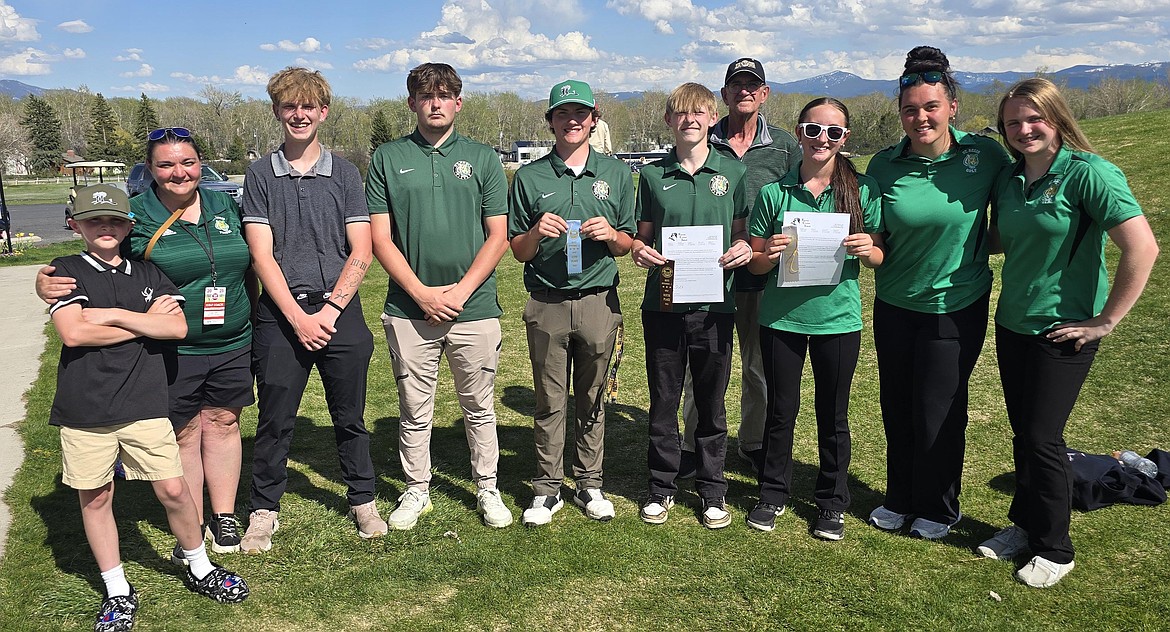 Member of the St. Regis golf team, including coaches Dan Park and Emily Park pose following the Class C Divisional golf tournament this past week in Bozeman. (Courtesy photo)