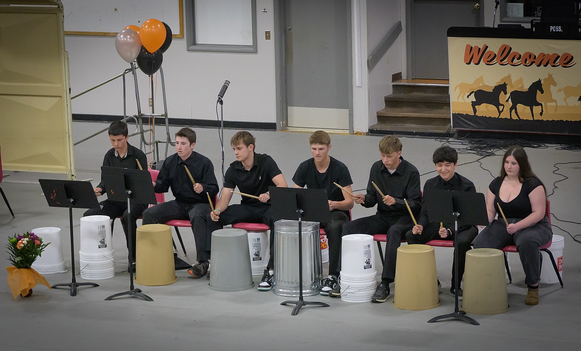 Plains High School Percussion Ensemble performs Fresh Trash with musical instruments supplied by Studs. (Tracy Scott/Valley Press)