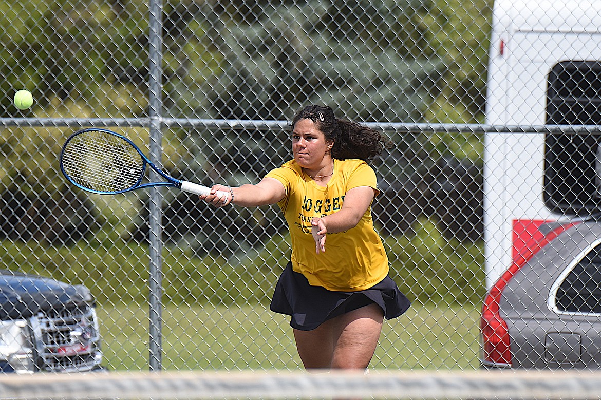 Libby High School tennis player Marissa Hollingsworth competes during the Northwest A Divisional Tournament Thursday, May 15, 2025, in Libby. (Scott Shindledecker/The Western News)