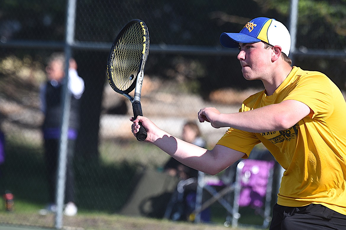 Libby High School tennis player Teague Thompson competes during the Northwest A Divisional Tournament Thursday, May 15, 2025, in Libby. (Scott Shindledecker/The Western News)