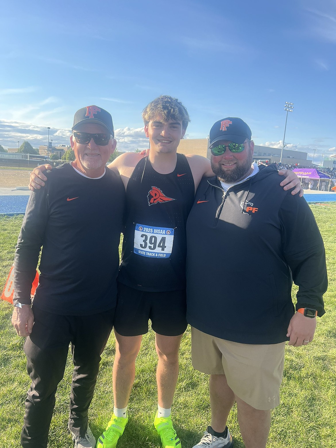 Courtesy photo
Post Falls senior Isaac McKeown (middle) won the state 6A boys javelin with a throw of 168 feet, 4 inches on Friday at Mountain View High in Meridian. Also pictured are Post Falls head track and field coach Wade Quesnell, left, and Brian Etchison.