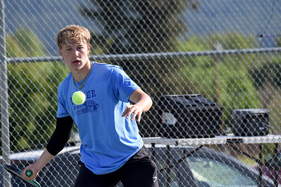 Libby High School tennis player Alderic Martineau competes during the Northwest A Divisional Tournament Saturday, May 17, 2025, in Libby. (Scott Shindledecker/The Western News)