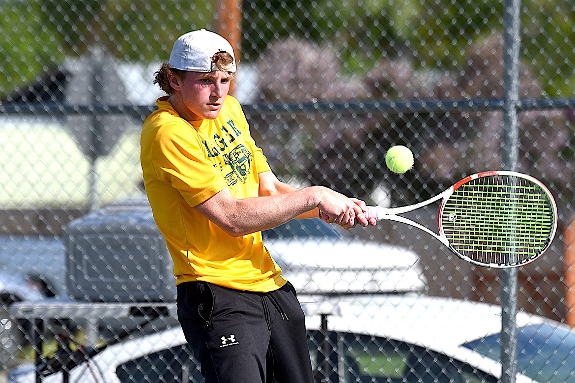 Libby High School tennis player Ryan Beagle competes during the Northwest A Divisional Tournament Saturday, May 17, 2025, in Libby. (Scott Shindledecker/The Western News)