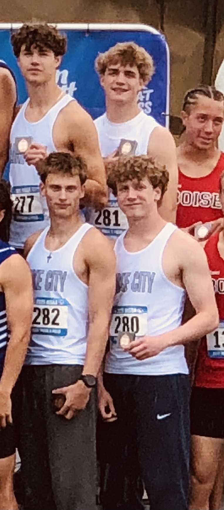 Courtesy photo
The Lake City High boyx 4x100-meter relay team finished fourth overall at the state 6A track and field meet last weekend at Mountain View High in Meridian with a season's best time of 42.74 seconds. In the front from left are Chase Young and Boston Schull, and top row from left, Britton Johnston and Caden Tony.