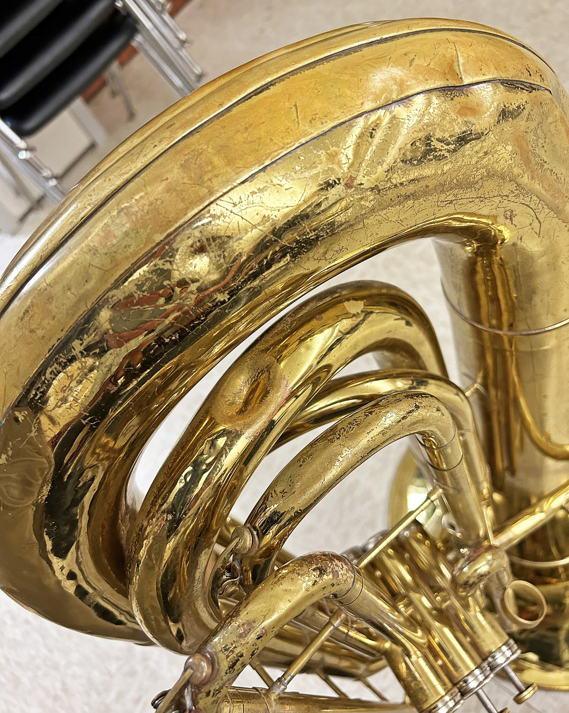 An old conn tuba used in Whitefish music programs. (Photo by Mark McCrady)