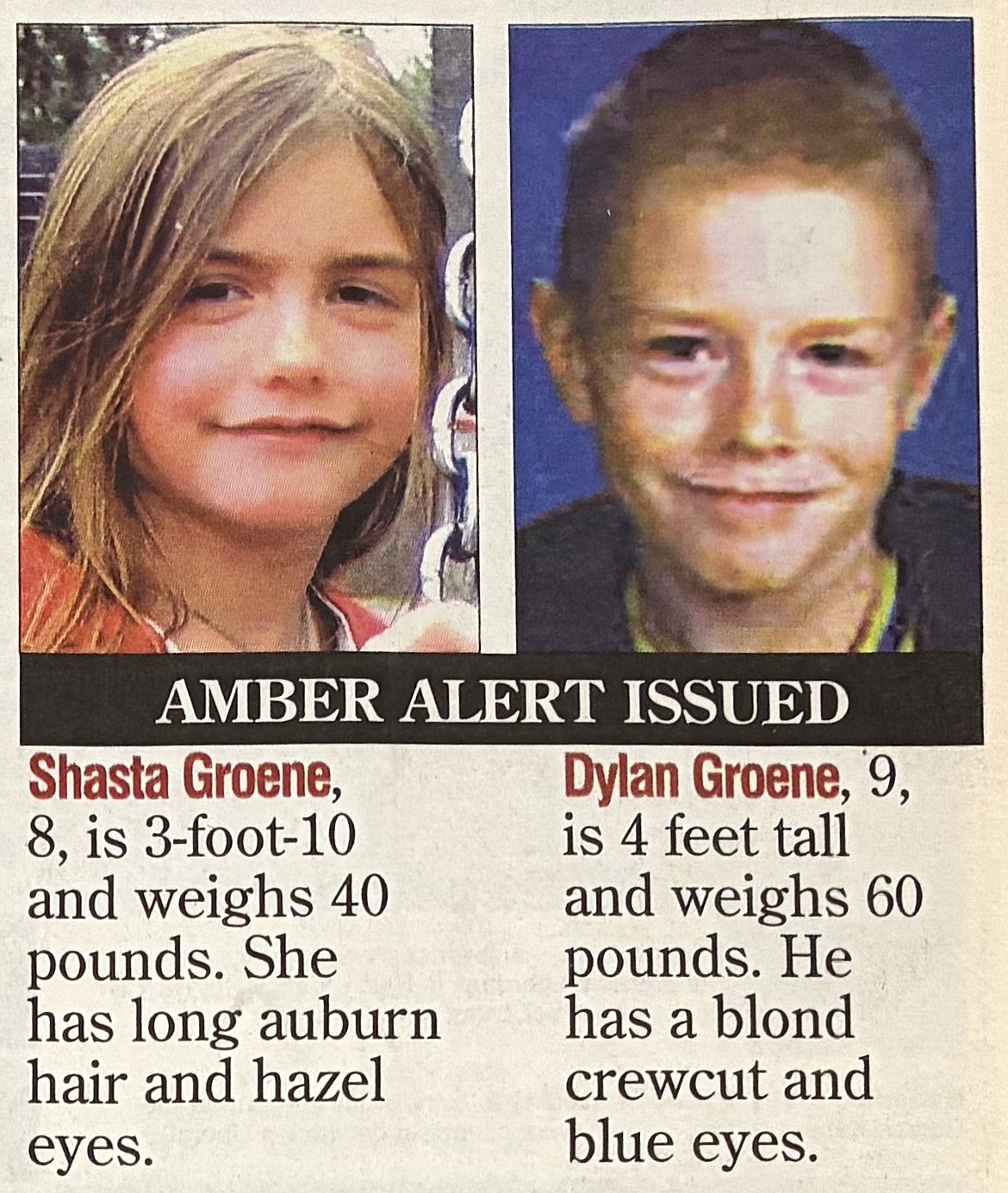 A 2005 Amber Alert shows Shasta and Dylan Groene.