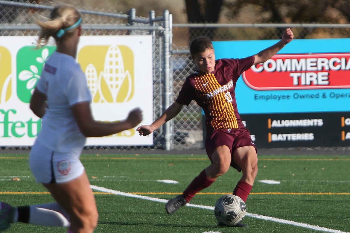Samantha Escamilla lines up the shot in a game against Eastmont in fall 2024. Escamilla said the coaching staff at Columbia Basin College’s goals to build not just a team, but a family is something she is looking forward to when playing for them.