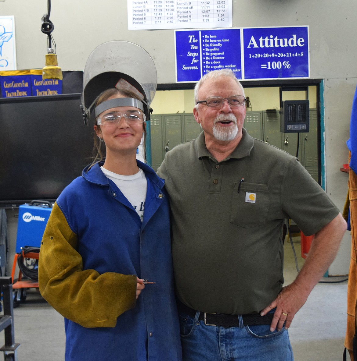 Kent Devine, right, nominated freshman Lila Smith, left, for the May student of the month for Ephrata School District. He said that she is excelling in welding and even if she doesn’t pursue a career in the craft, she will “do fine” in whatever she chooses.