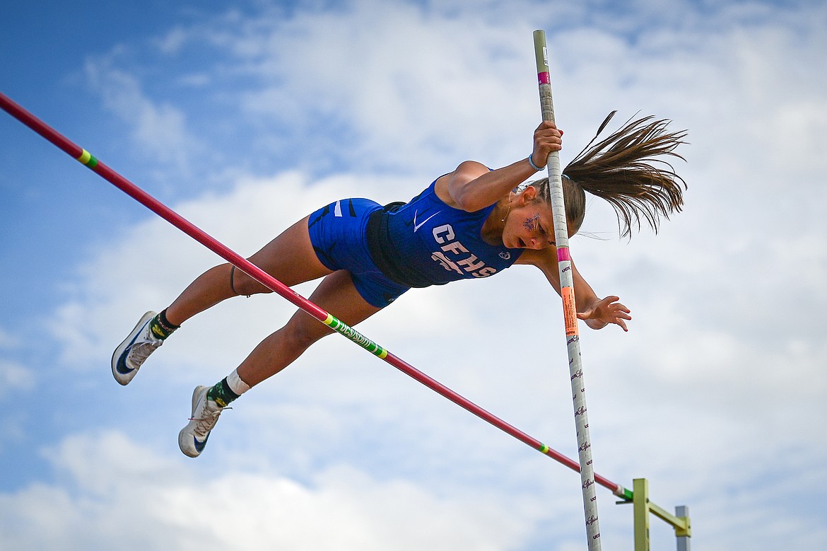 Columbia Falls' Soli Bullemer clears 10'6" in the girls pole vault at the Class A state track and field meet at Legends Stadium on Thursday, May 22. (Casey Kreider/Daily Inter Lake)