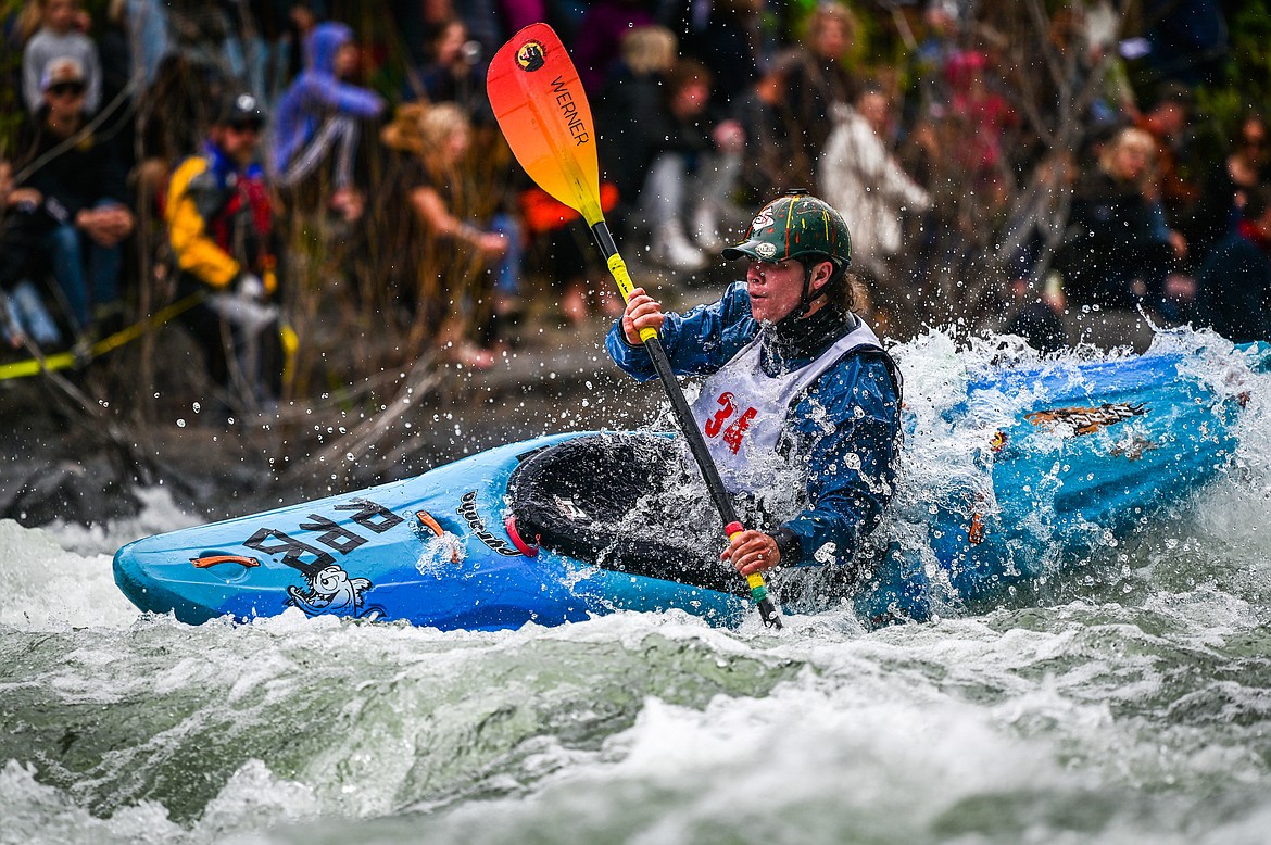 A kayaker navigates a section of the Wild Mile along the Swan River during the Expert Slalom event at the 47th annual Bigfork Whitewater Festival on Saturday, May 28. (Casey Kreider/Daily Inter Lake)