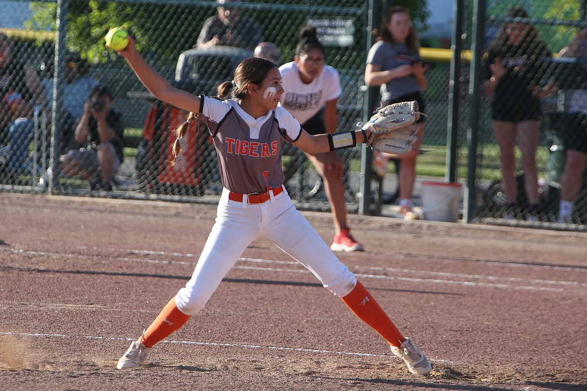 Alexa Durfee pitching in a previous game this season for the Tigers. Durfee was one of many Tigers named to the CWAC All-Conference teams. Durfee was named First Team All-Conference.