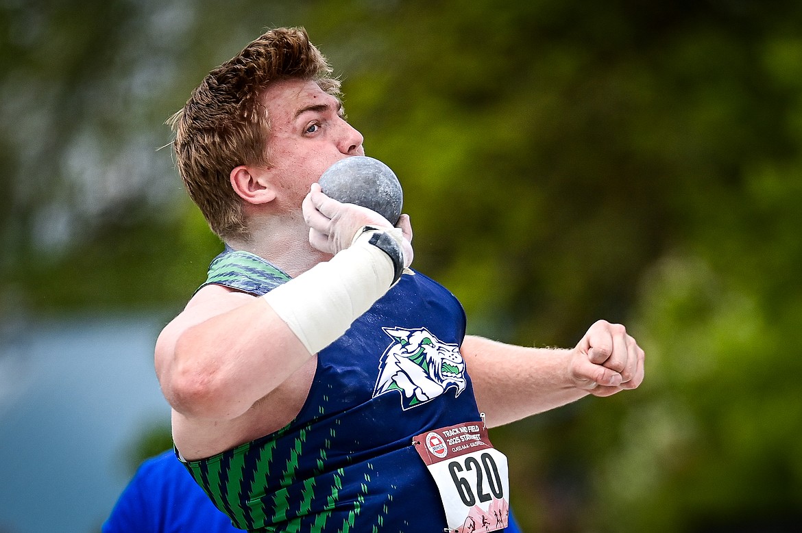 Glacier's Dylan Smith competes in the boys' discus at the Class AA state track and field meet at Legends Stadium on Friday, May 23. (Casey Kreider/Daily Inter Lake)