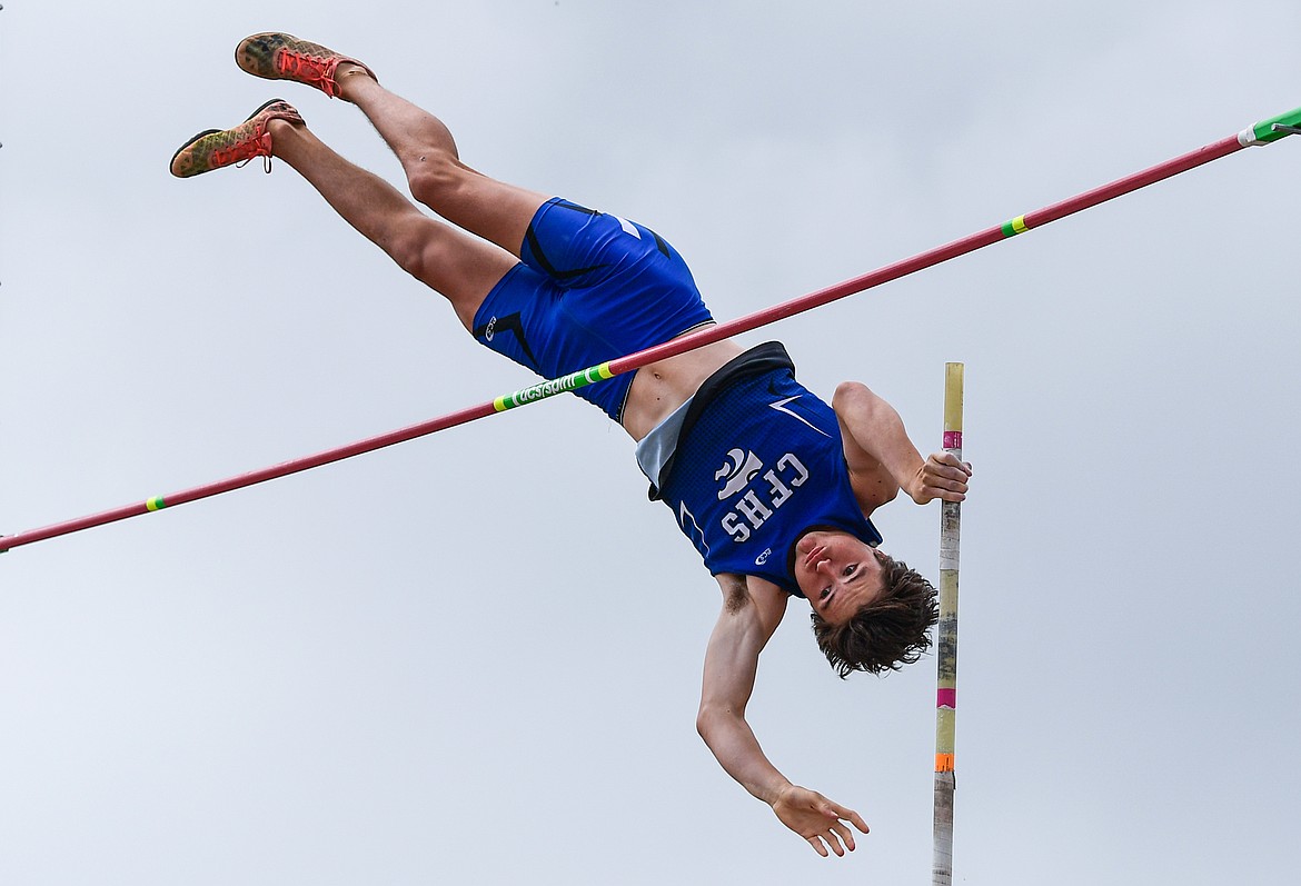 Columbia Falls' Oliver Kress clears 13'6" for third place in the boys' pole vault at the Class A state track and field meet at Legends Stadium on Friday, May 23.