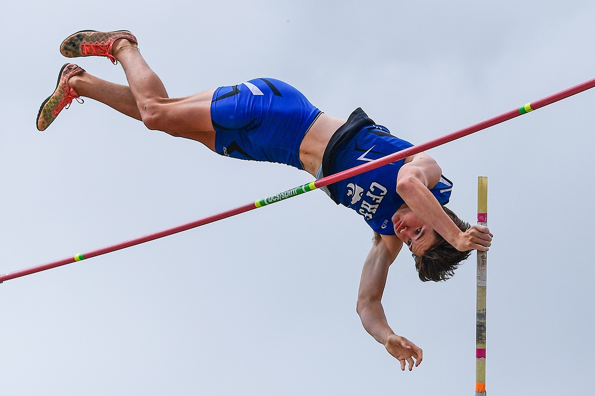 Columbia Falls' Oliver Kress clears 13'6" for third place in the boys' pole vault at the Class A state track and field meet at Legends Stadium on Friday, May 23.