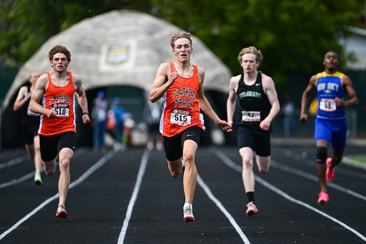 Flathead's Will Hollensteiner and Lane Chivers finish first and second in the boys' 400 meter run at the Class AA state track and field meet at Legends Stadium on Friday, May 23. (Casey Kreider/Daily Inter Lake)