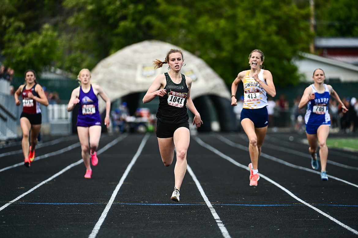 Whitefish's Rachael Wilmot takes first place in the girls' 400 meter run at the Class A state track and field meet at Legends Stadium on Friday, May 23. (Casey Kreider/Daily Inter Lake)