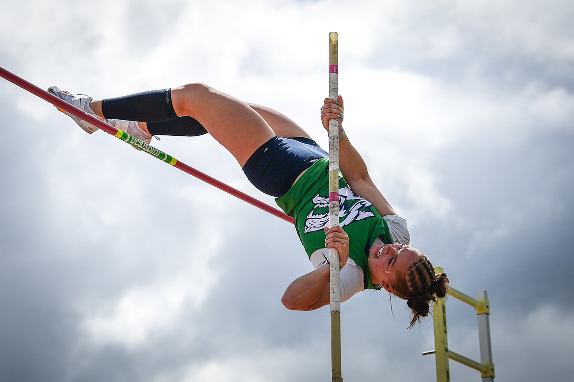 Glacier's Breanna Barnes clears 11'6" for first place in the girls' pole vault at the Class AA state track and field meet at Legends Stadium on Friday, May 23.
