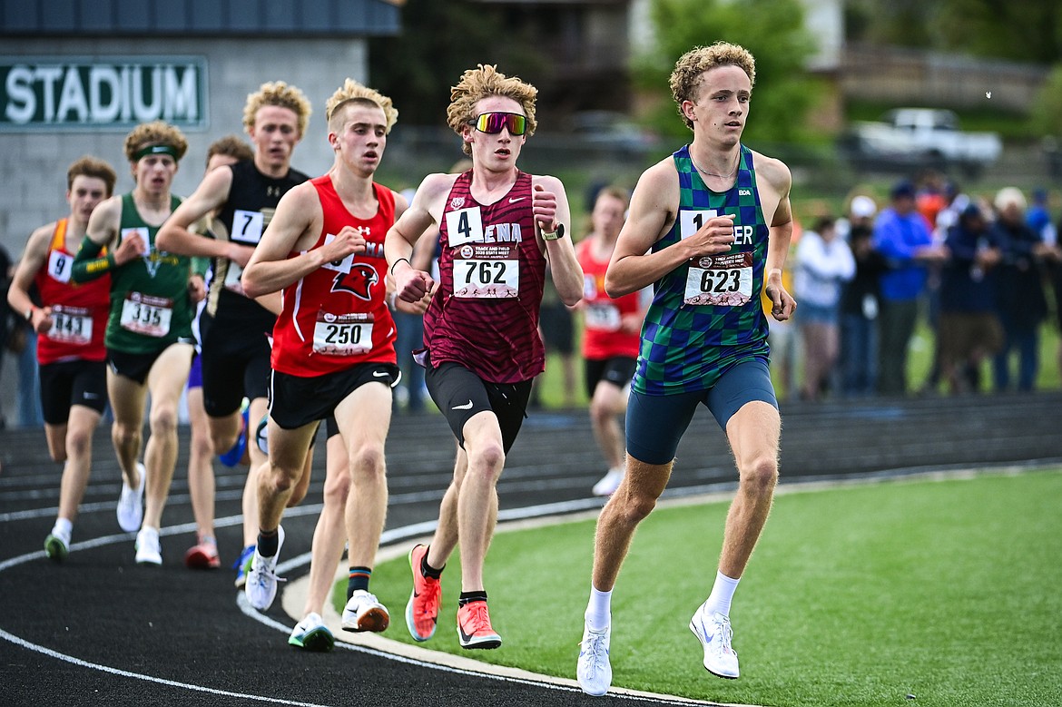 Glacier's Owen Thiel placed first in the boys' 3,200 meter run at the Class AA state track and field meet at Legends Stadium on Friday, May 23. (Casey Kreider/Daily Inter Lake)
