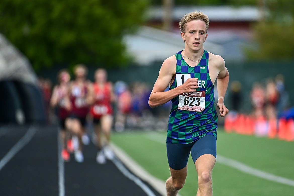 Glacier's Owen Thiel placed first in the boys' 3,200 meter run at the Class AA state track and field meet at Legends Stadium on Friday, May 23. (Casey Kreider/Daily Inter Lake)200 meter run at the Class AA state track and field meet at Legends Stadium on Friday, May 23. (Casey Kreider/Daily Inter Lake)