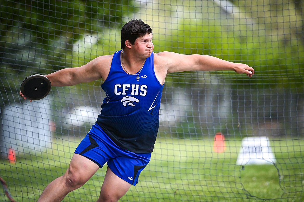 Columbia Falls' Lane Voermans placed first in the boys' discus at the Class A state track and field meet at Legends Stadium on Friday, May 23.