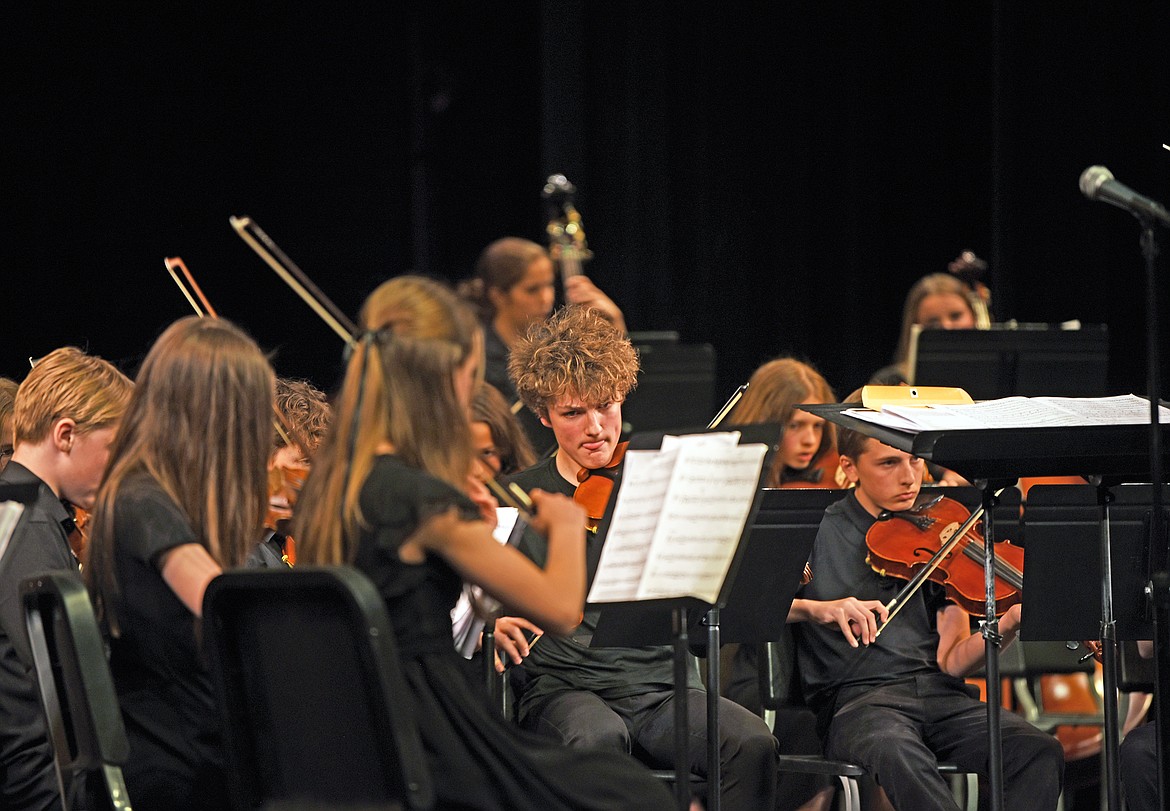 Eighth grader Kane Hermann at a spring orchestra concert at the PAC on May 22. (Kelsey Evans/Whitefish Pilot)